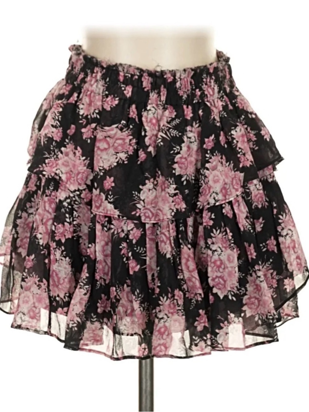 LoveShackFancy Black and Pink Floral Tiered Mini Skirt
